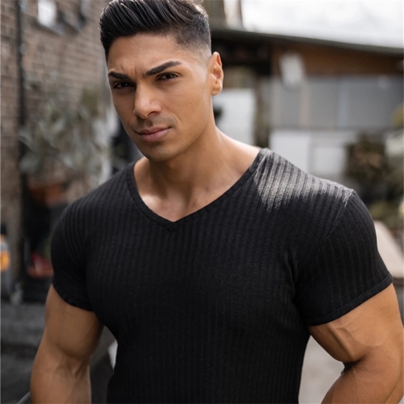 

Running V Neck Short Sleeve T shirt Men Knitted Gym T-shirt Slim Fit Sports Tee Shirt Male Bodybuilding Fitness Workout Clothing 210721, O-neck blue