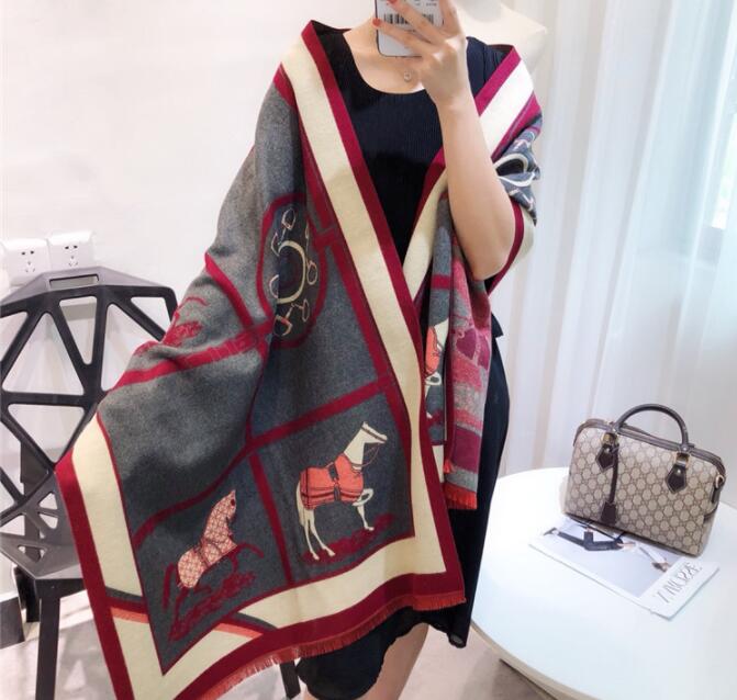 

Luxury Cashmere Scarf Women Winter Warm Shawls and Wraps Design Horse Print Thick Scarves 180*70cm