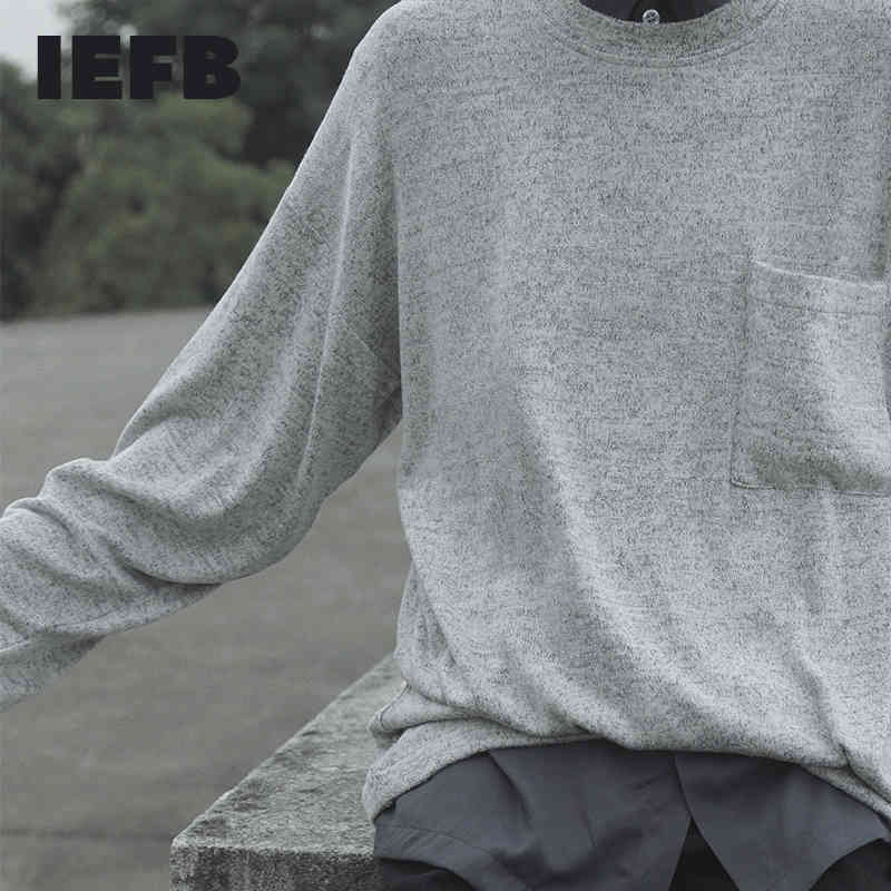 

IEFB high quality comfortable round collar kintted t-shirt for men spring single pockets loose casual pullovers tops 210524, Khaki