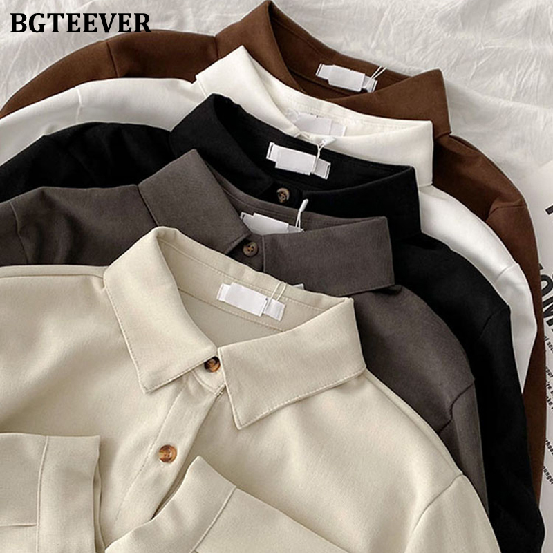 

BGTEEVER Vintage Single-breasted Loose Blouses Tops for Women 2021 Spring Double Pockets Female Solid Shirts Blusas Femme, Beige