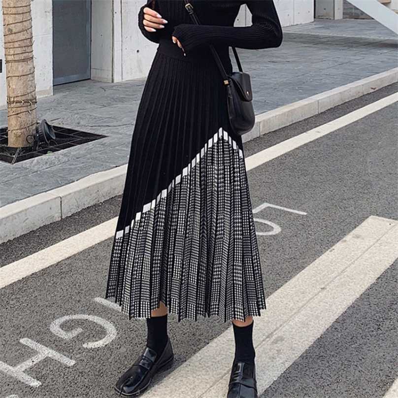 

HOUZHOU Autumn Winter Houndstooth Knitted Long Skirt Vintage Black High Waist Midi Pleated Skirt Elegant Casual 211109