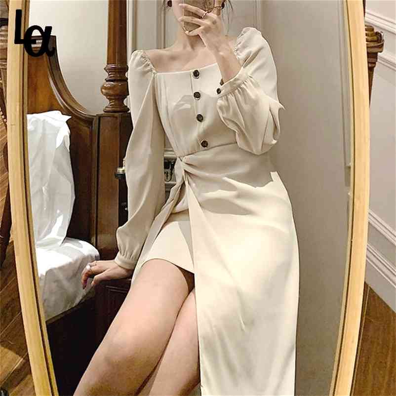 

Elegant Dress Women Casual Office Lady Midi Chic Square Collar Long Sleeve Sexy Party pring 210519, Black