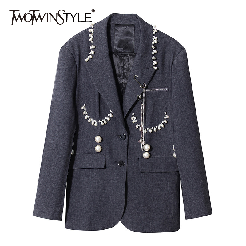 

Casual Patchwork Pearl Blazer For Women Notched Long Sleeve Temperament Blazers Female Fashion Clothing Spring 210524, Gray