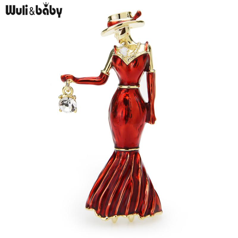 

Pins, Brooches Wuli&baby Red Enamel Dress Lady For Women Wear Hat Carry Bag Beauty Figure Casual Office Brooch Pins Gifts
