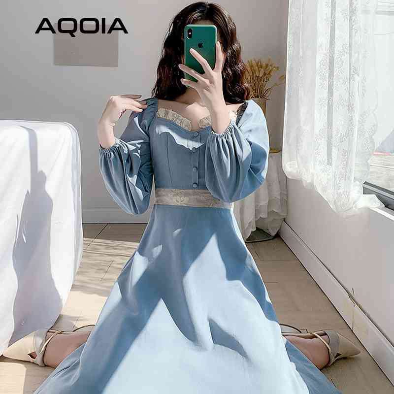 

Spring Fashion Sweet Style Women Dress Square Collar Button Long Dresses Puff Sleeve Lace Empire Plus Size Ladies Robe 210521