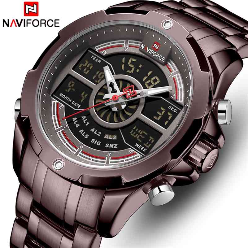 

Men Watch Top Luxury Brand NAVIFORCE Fashion Quartz Mens Watches Stainless Steel Waterproof Wristwatch Analog Digital Clock 210517, Black red