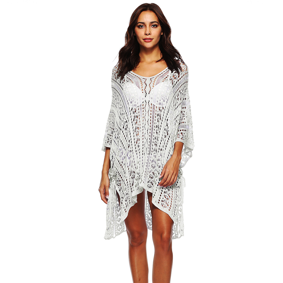 

Women Casual Dresses V Neck Summer Short Sleeve Hollow Out Dress Swimsuit Bikini Beach Swimwear Cover up, Light blue