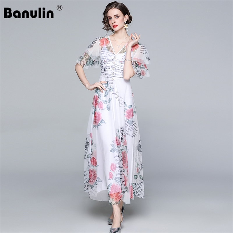 

Banulin Women Summer Dress Runway Bawting Sleeve V-Neck Mesh Overlay Floral Printed Elegant Party Long N61882 210603, White