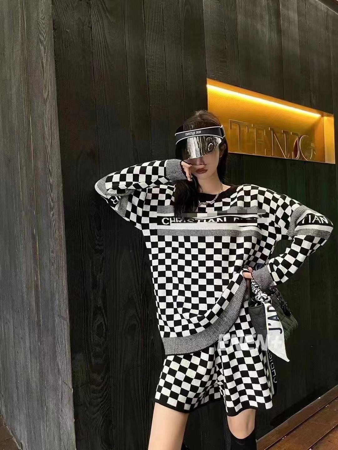 2021 autumn winter new checkerboard suit classic timeless style loose no pick two-piece set