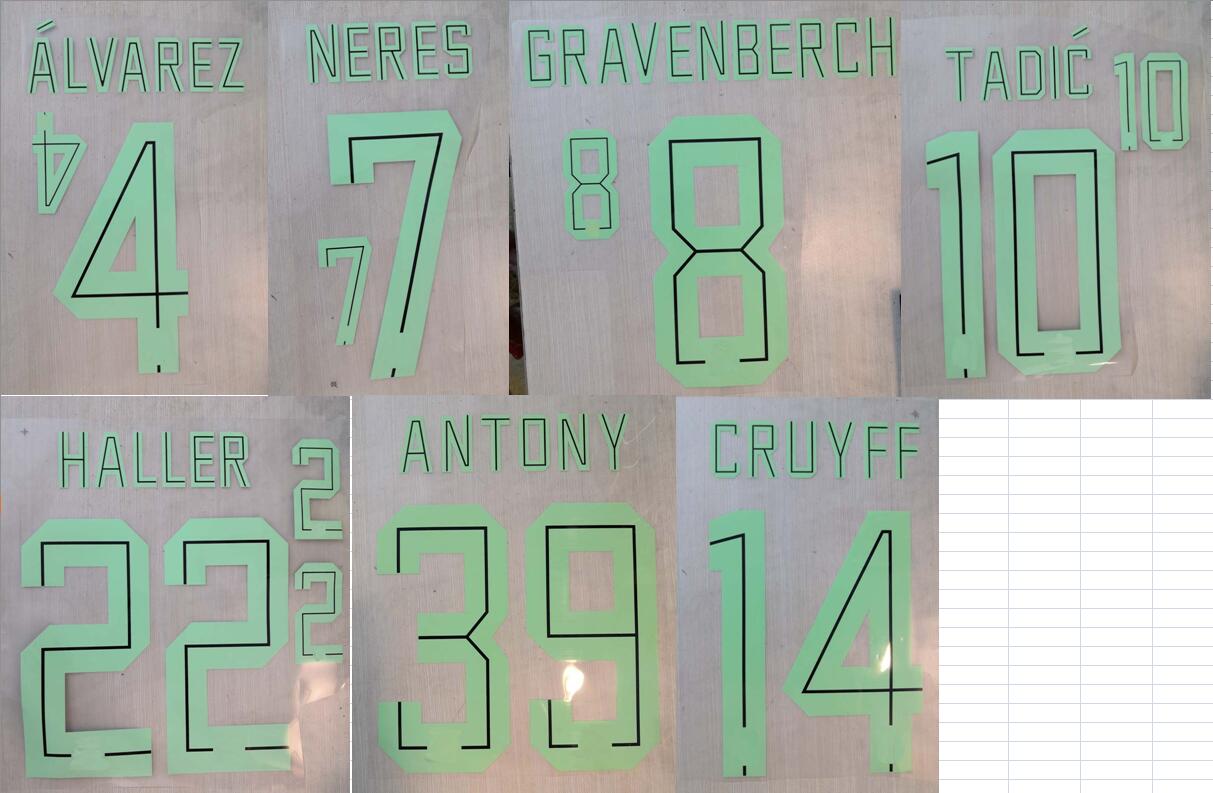 

2022 away ALVAREZ NERES GRAVENBERCH TADIC HALLER ANTONY CRUYFF nameset patch badge