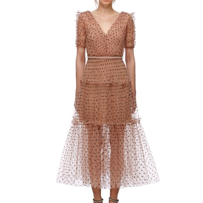 

Self Portrait Women Long Dress Runway Summer V-neck Short Sleeve Flower Embroidery Dot Mesh Maxi Party 210603, Picture color