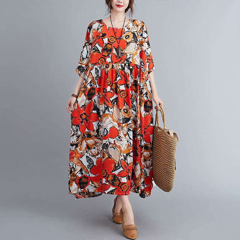 

Johnature Women Vintage Dress Cotton Blend O-Neck Half Sleeve Print Floral Robes Autumn Loose Female Casual Dresses 210521, Orange red