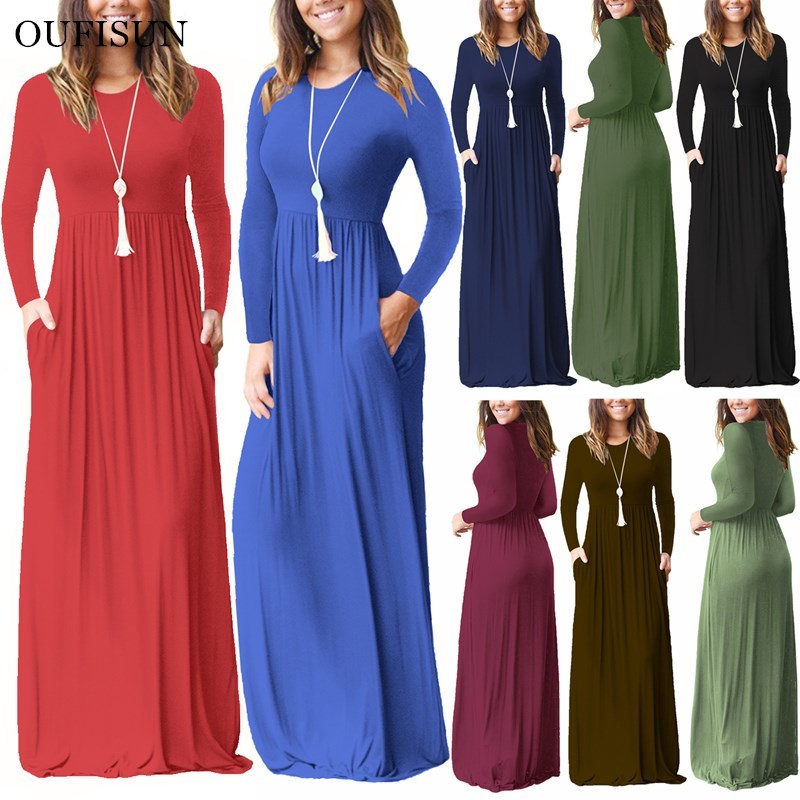 

Autumn Solid Color Long Sleeve Women Dresses O-Neck Casual Slim Party Maxi Female Streetwear Robe 2XL 210517, Purple