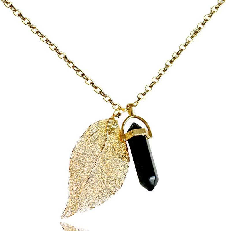 Pendant Necklaces Quartz Crystal Necklace Black Onyx Boho Natural Leaf Yoga Energy Healing Jewelry 2021 Arrival-image-708491219