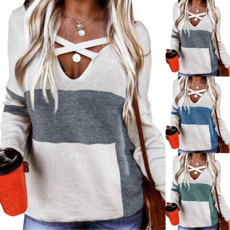 

Women's Sweaters Women Tops V Neck Long Sleeve Blouse 2021 Fashion Patchwork Color Print Ladies Casual Slim Knit Pullovers Drop, Blue