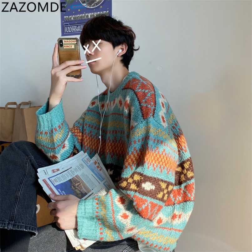 

ZAZOMDE Sweater Men Winter Clothes Thicker Korean Warm Streetwear Mens Sweaters and Pullovers Harajuku Printed 211018, Red
