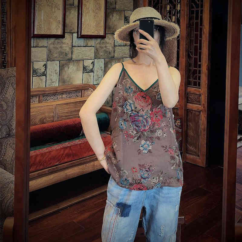 

Johnature Vintage Women Camis Summer Retro Leisure Print Panelled Leisure Tops Concise Ladies Cotton Camis 210521, Brown