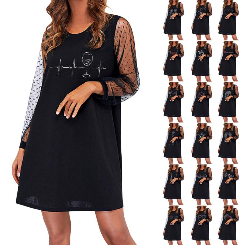 

Casual Dresses Autumn Spring Dress Women's Sexy Long Sleeve Round Neck Female Lace Splicing Wave Point Drill Print #4, Black;gray