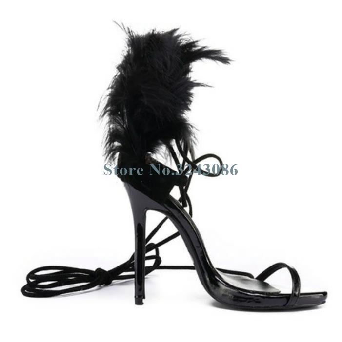 

Dress Shoes Open Toe Single Strap Thin High Heel Sandals Black Feather Show Elegant Banquet Women Leather Ankle, As picture