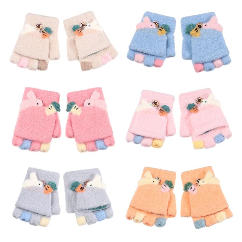 

Children's Mittens Children Autumn And Winter Thickened Warm Cartoon Animal Clamshell Soft Half Finger Cover Gloves For Kids, White
