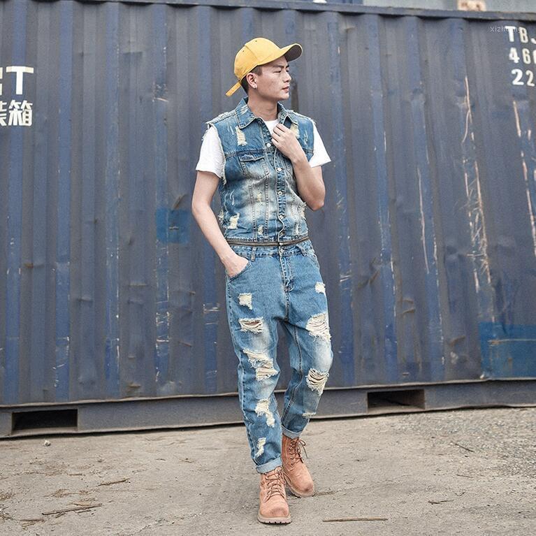 

Men' Pants 2021 Removable Fashion Set Casual Vest Denim Overalls Work Wear Jumpsuit Hole Nine Jeans Light Blue Singer Costumes