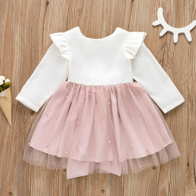 

Girl's Dresses Autumn Spring Kids Formal Dress Puff Long Sleeve Fairy Mesh Chiffon Bowknot Pearls V-Neck Casual Baby With Bow, Pink