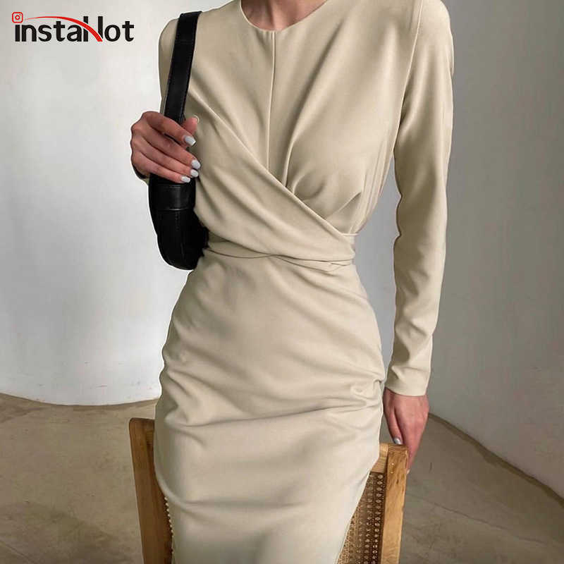 

InstaHot Elegant Women's Dress Round Neck Long Sleeve Draped Knee-Length Straight Dresses 2021 Autumn Solid Casual Office Lady Y0603, Apricot