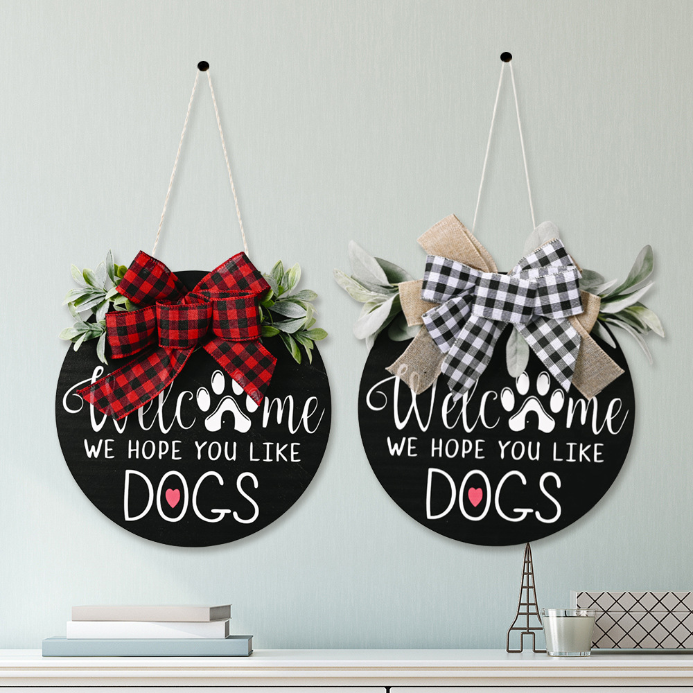 

Welcome Sign Front Door Round Wood Hanger DOGS CATS Wooden Garden Decorations Farmhouse Ornament