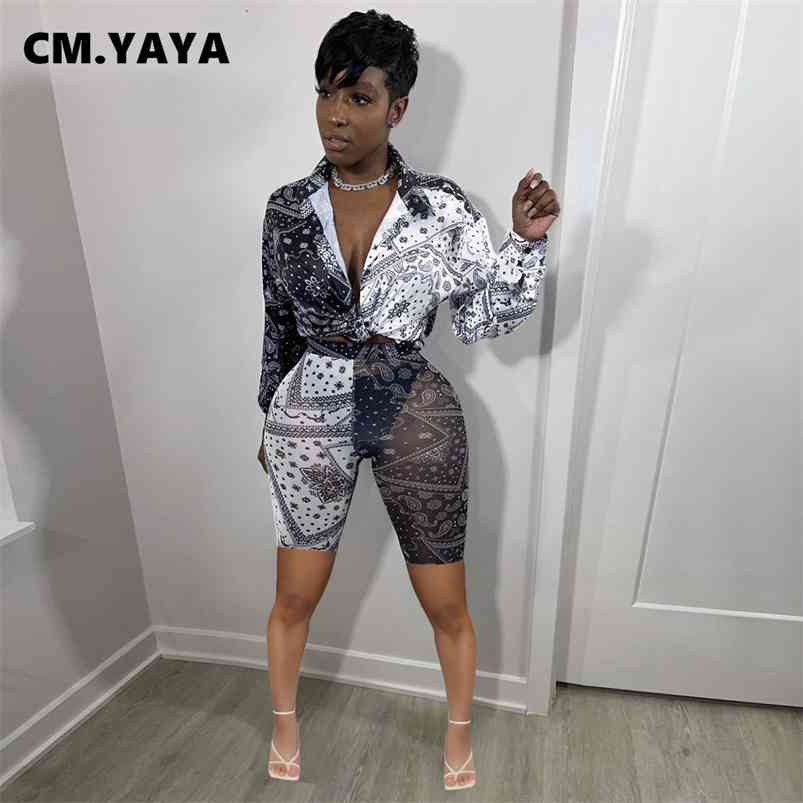 

CM.YAYA Bandanna Paisley Print Women's Set Streetwear Long Sleeve Blouses Shirts and Shorts Matching Two 2 Piece Set Outfits 210721, Blue