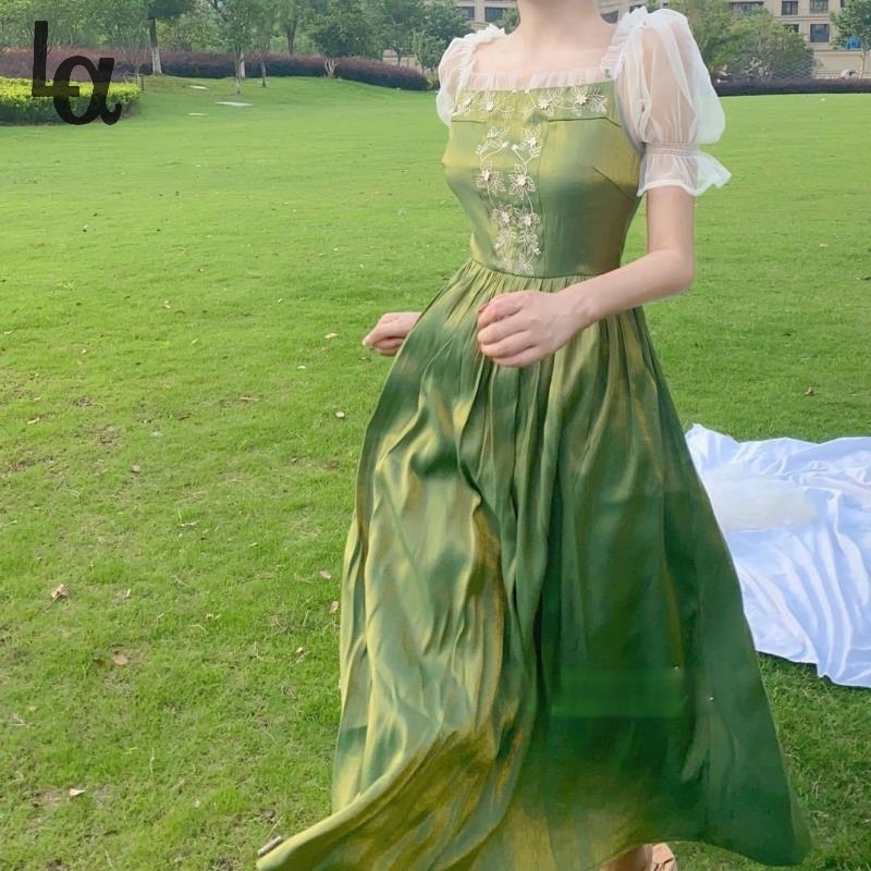 

Summer Elegant Green Dress Women French Vintage Lace Patchwork Sweet Dresses Princess Midi Short Sleeve 210519