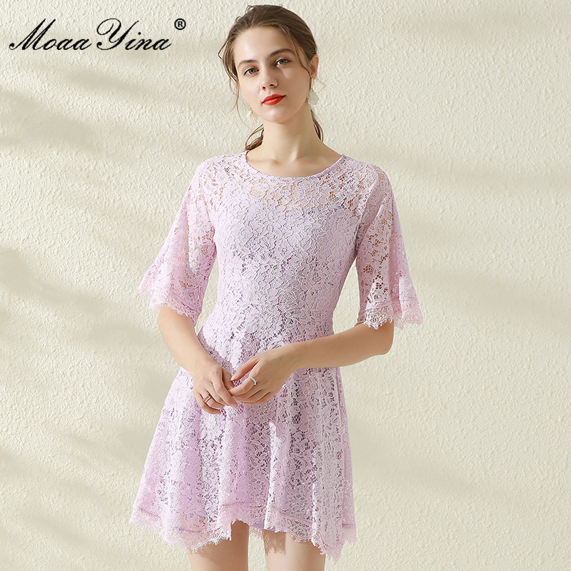 

Fashion Designer Summer Slim Mini Dress Women' Party O-Neck Half sleeve Hollow out Vintage Lace Short Vestidos 210524, Lavender