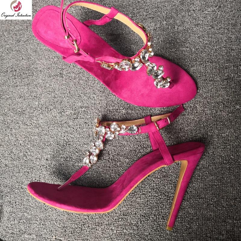 

Original Intention Beautiful Women Sandals Rhinestone Thin Heels Summer Fuchsia Shoes Woman Plus Size 4-15, Black
