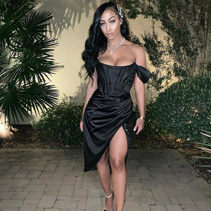

2021tobinoone draped off shoulder party dress women high split pleated bodycon dresses for female summer night club short dress, Black;gray