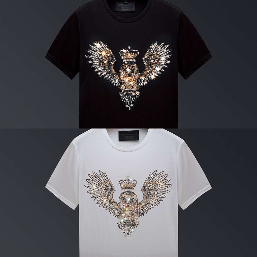 

Plus Size 2021 Owl Crown Rhinestones T Shirts Men Brand Short Sleeve Fashion Man Streetwear O Neck Slim Tshirts Camisetas Hombre X0726, Black
