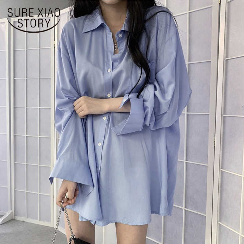 

Spring Plus Size Clothing Casual Loose Blue White Women Shirts Cardigan Blouse Women Long Sleeve Solid Loose Tops 210527