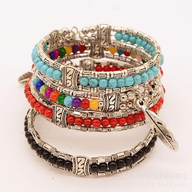 

Party Fashion Tibetan Silver Feather Gypsy Women Bangle Trendy Vintage Bohemian Bracelet Red, Blue, Black, Multicolor