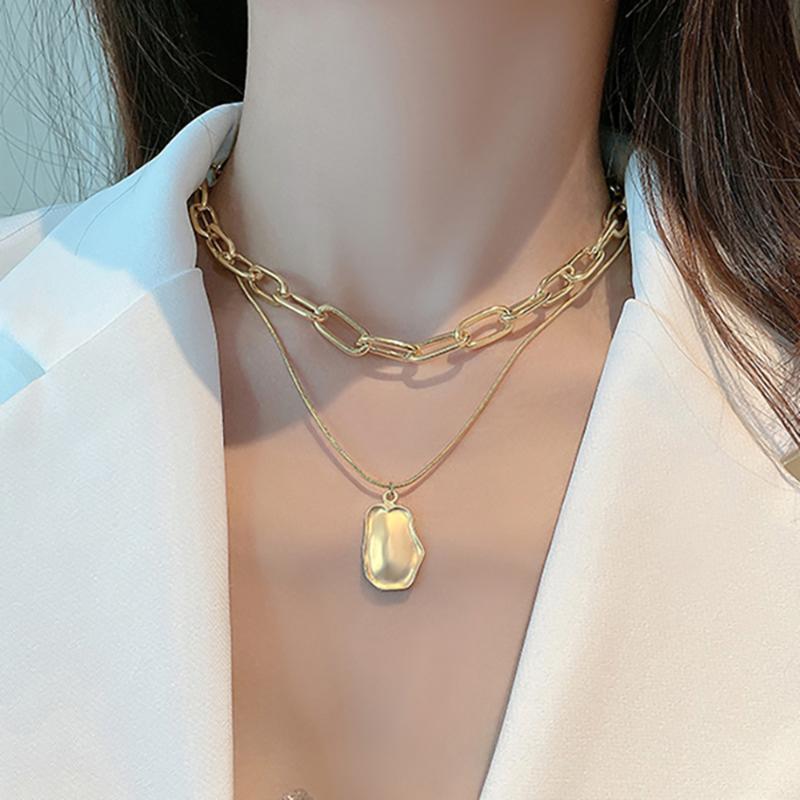

Pendant Necklaces Kpop Fahion Double Layered Irregular Coin Chunky Chain Hammered Round Disc Chokers For Women Jewelry