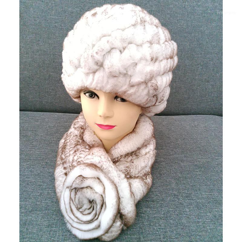 

Berets 2021 Women Winter Knitted Rex Fur Cap And Scarf One Sets Female Warm Soft Genuine Hat With Femme Caps, White