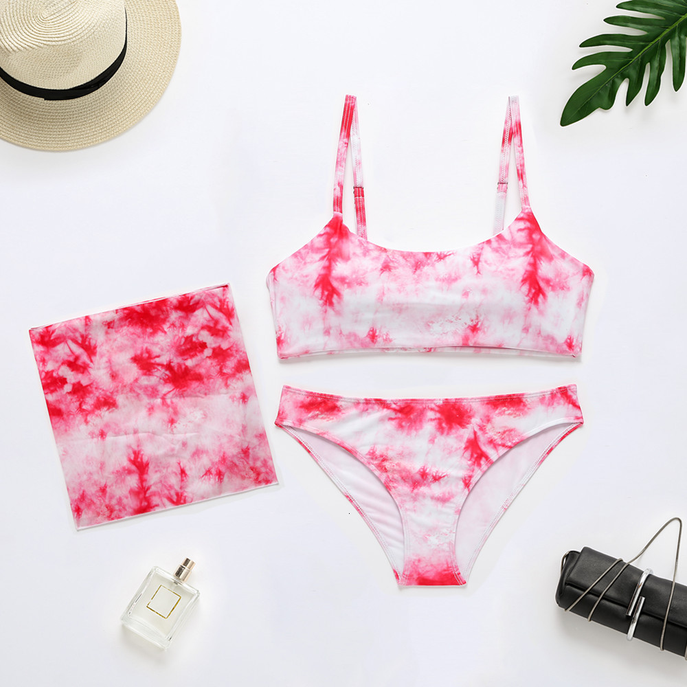 Tie dye bikini 2021 Skirted swimsuit women High cut 3 piece halter swimwear female Triangle bathing suit Backless-image-680188577
