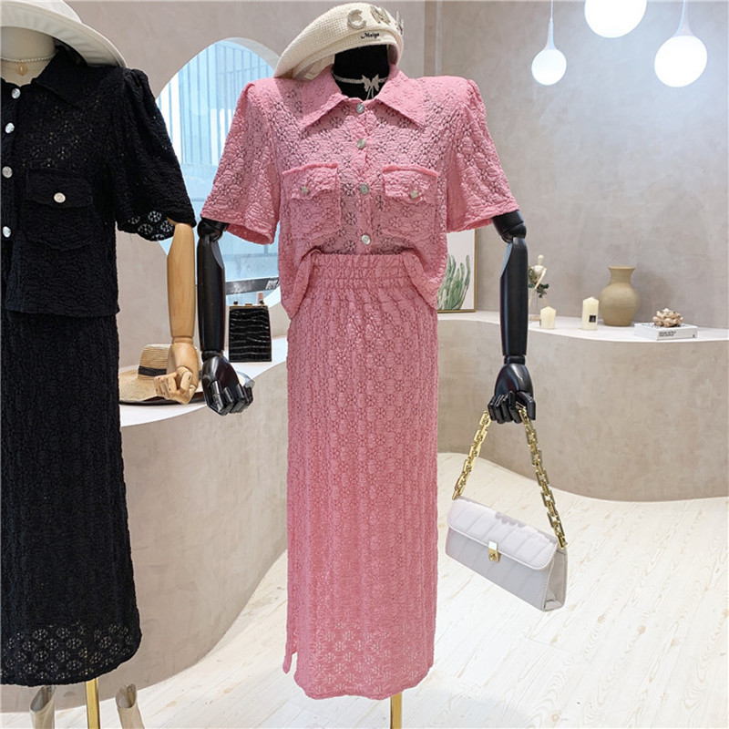 

Chic Retro Design Personality Crochet Floral Hollow out Short Sleeve Lapel Shirt + Slim Split High-waisted Skirt Two-piece Sets 210525, Black