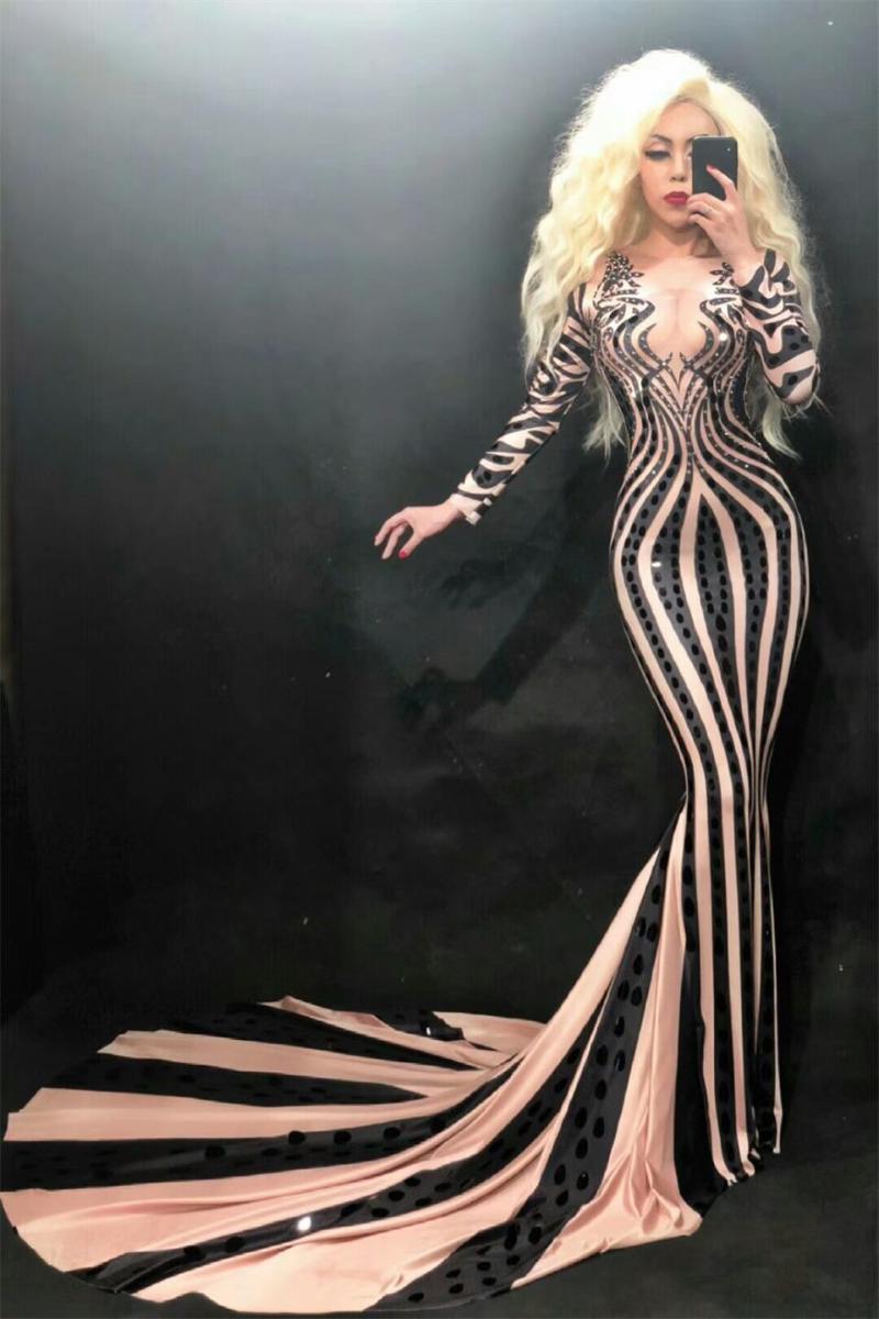 

Casual Dresses Women Costume Prom Party Celebrate Long Train Dress Sexy Evening Skinny Fashion Black Sequins Sleeve Rhinestone