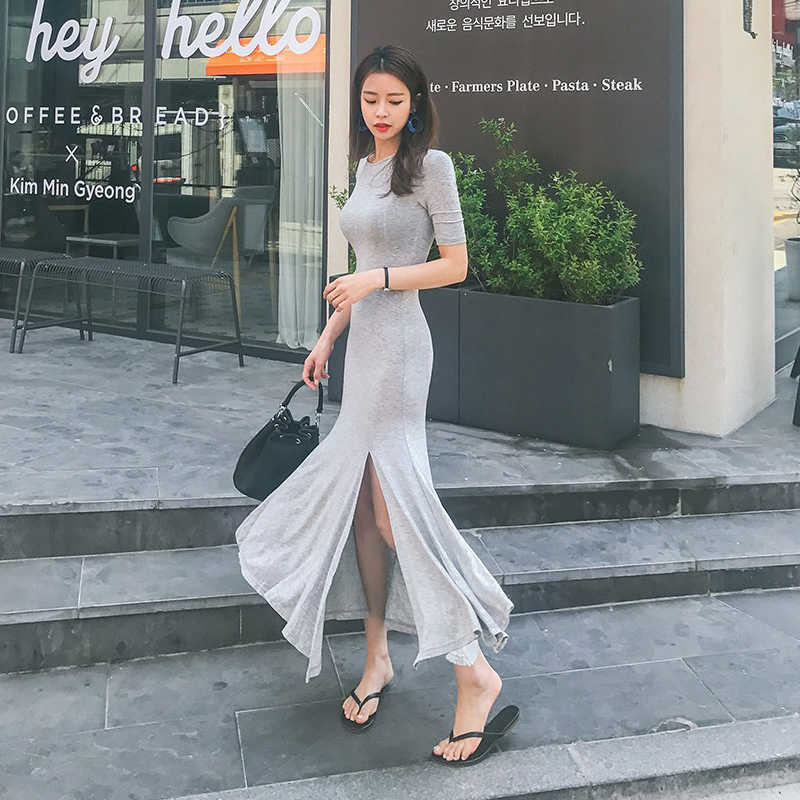 

Sexy Women Maxi Modal Dress Side Split Five Sleeve Long Club Party Fishtail Dresses Casual Streetwear 210608, Grey