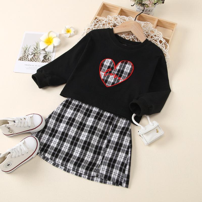 

Clothing Sets 2-8Years Kids Girl's Set Plaid Heart Print Long Sleeve Tops And Skirt Two-piece Suit For Vacation Birthday Party, Black