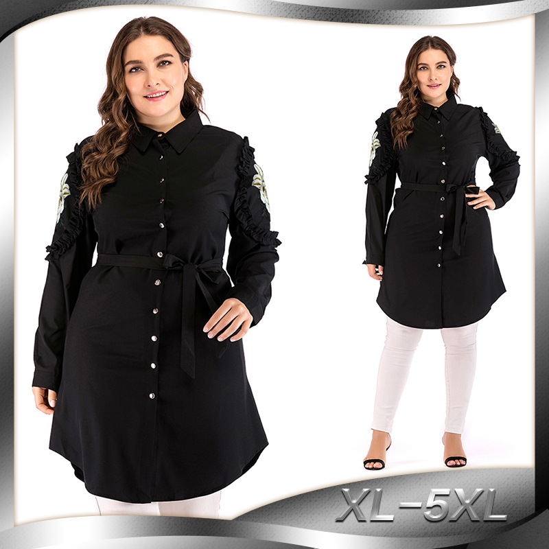 

Plus Size XL-5XL Muslim Shirts Women Blouse Embroidery Loose Lace-up Tops and Blouses Islamic Clothing Lapel Bla Streetwear