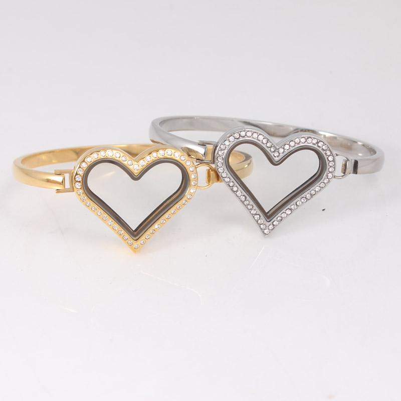 

Bangle 7/8 INCH Heart With Rhinestone Floating Locket Bracelet For Women Magnetic Living Glass Lockets Bangles 5pcs Free Charms