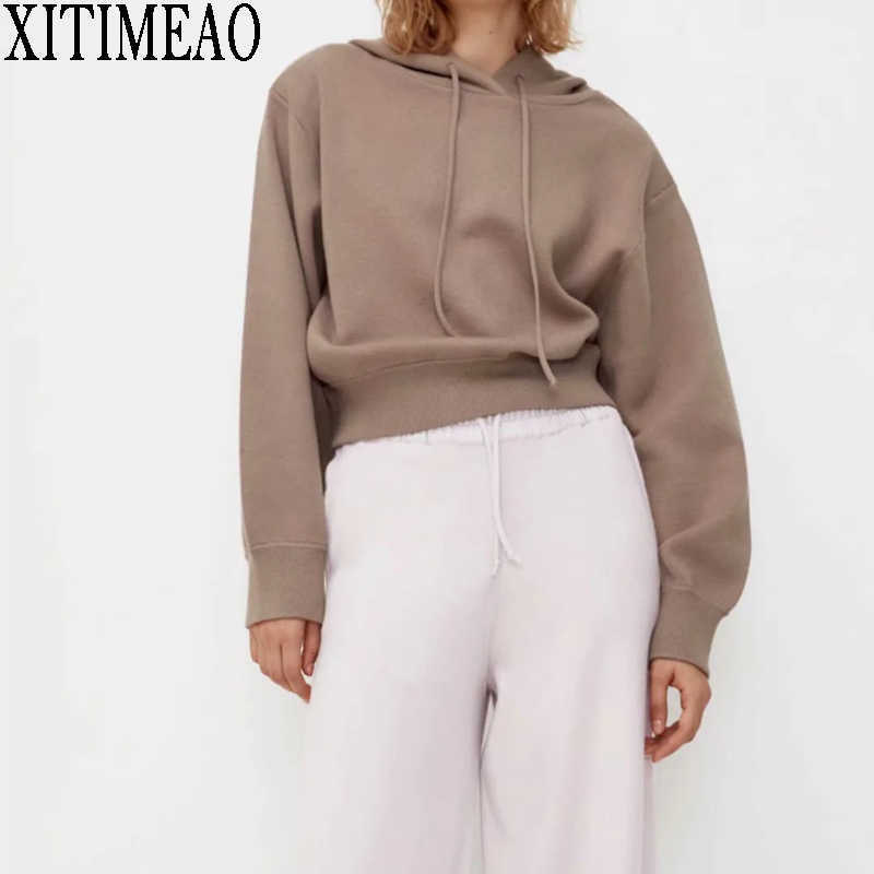

ZA Casual Autumn Spring Hooded Sweater Pullover Female Loose Knit Jumpers Top Short Style With High Waist 210604, As picture
