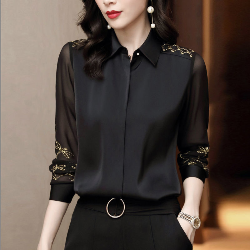 

Women Spring Autumn Style Chiffon Blouses Shirts Lady Embroidery Long Sleeve Turn-down Collar Lace Decor Blusas Tops DF0004, Black
