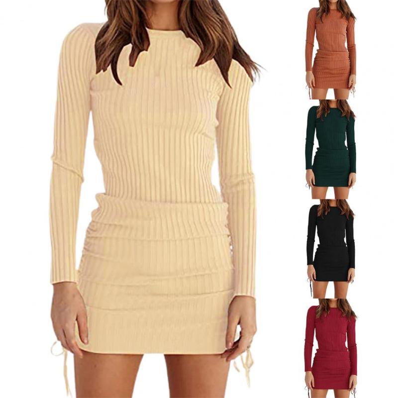 

Casual Dresses Women Dress Fashionable Long Sleeves Solid Color Soft To Touch Girls Bodycon Stretch Mini Slim Pencil Short Vestido, Black;gray