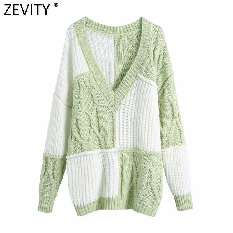 

Zevity Women Vintage V Neck Color Matching Patchwork Crochet Knitting Sweater Female Chic Long Sleeve Casual Outwear Tops S572 210603, As pic s572bb