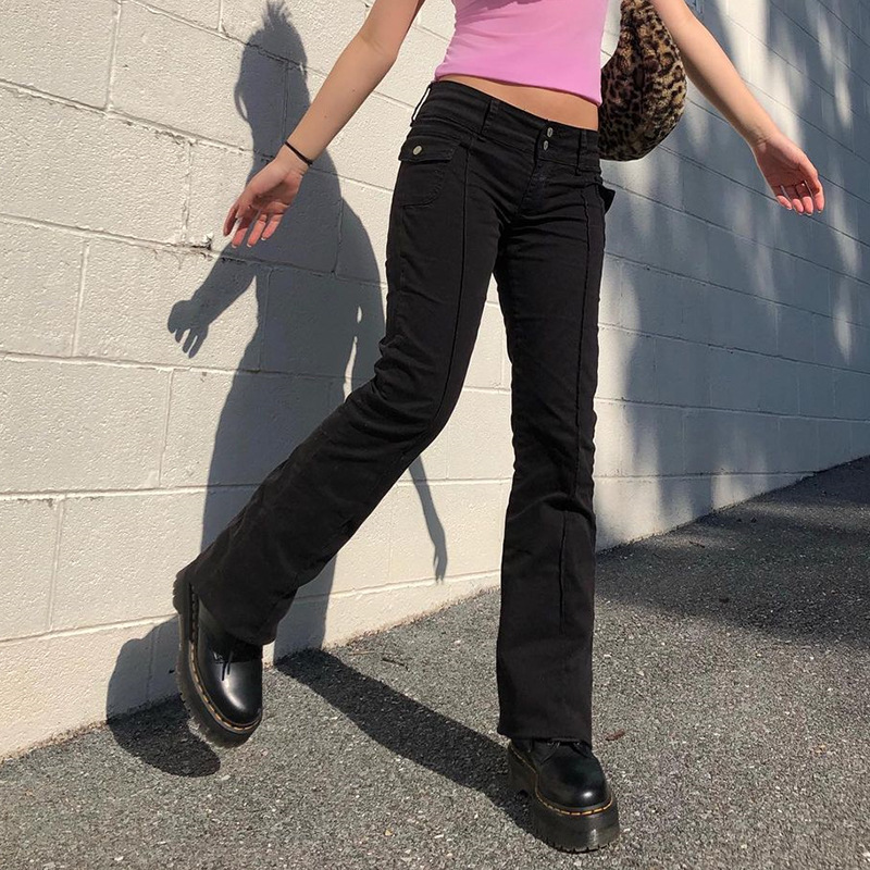 

QWEEK Low Waist Rise Jeans Women Vintage Black Y2k Spring 2021 Black Denim Trousers Fashion Harajuku Baggy Pants 90s Aesthetic, Hei